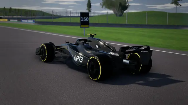 The LAP13 car from the rear three-quarter at the 150 m board