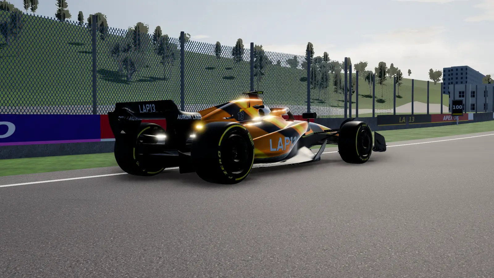 The LAP13 car from the rear three-quarter